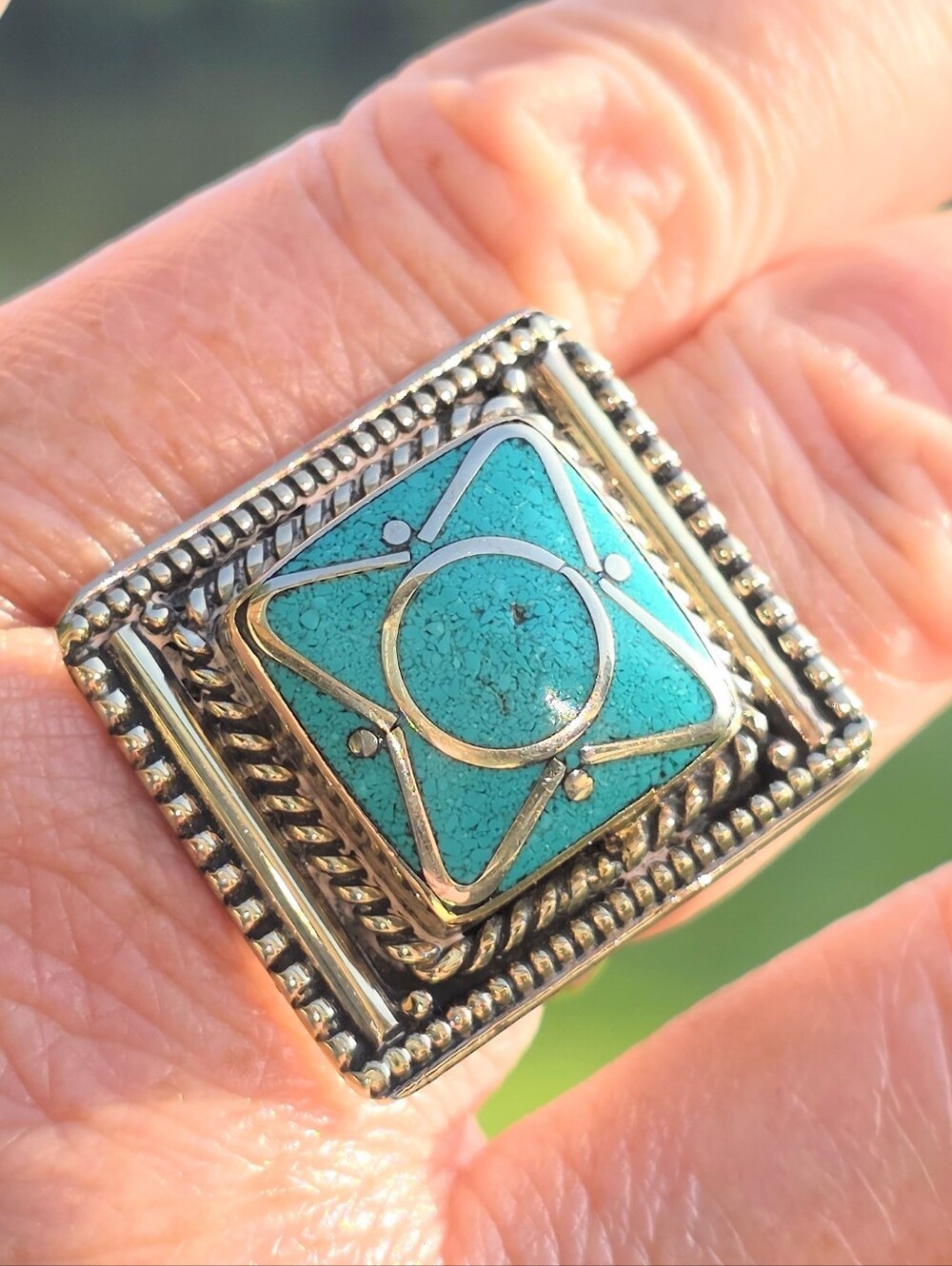 Tibetan Turquoise Square-Shaped Gemstone Ring (Adjustable)